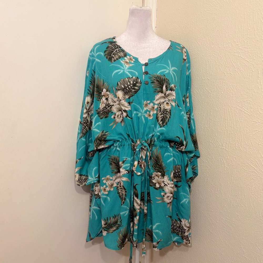 Sunny Island Hawaii Teal Tropical Floral Kaftan Dress Drawstring Waist One Size